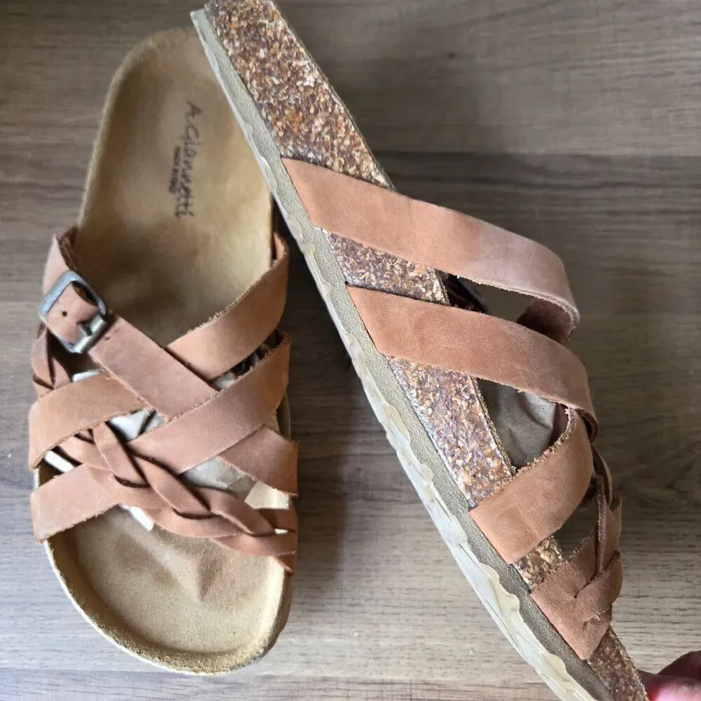 EUC A. GIANNETTI TAN GENUINE LEATHER SANDALS SLIPPERS MADE IN ITALY SIZE 8